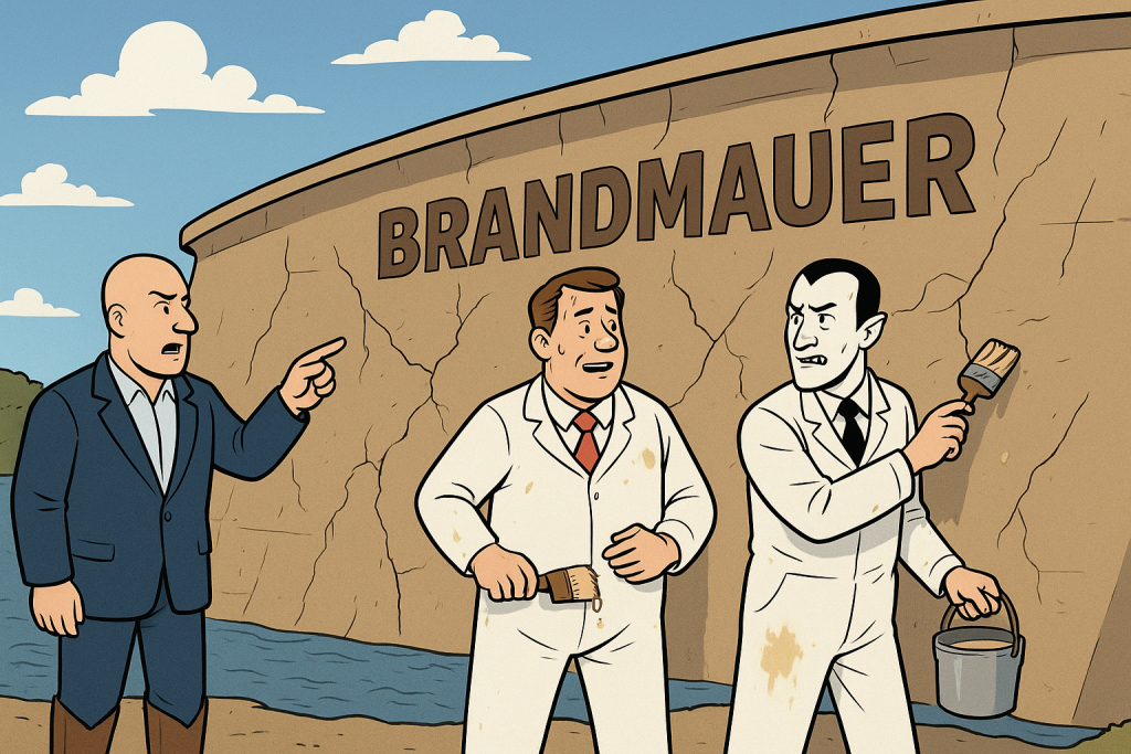 Thomas L. Kemmerich weist zwei Maler auf den instabilen Staudamm hin, auf dem Brandmauer geschrieben steht.