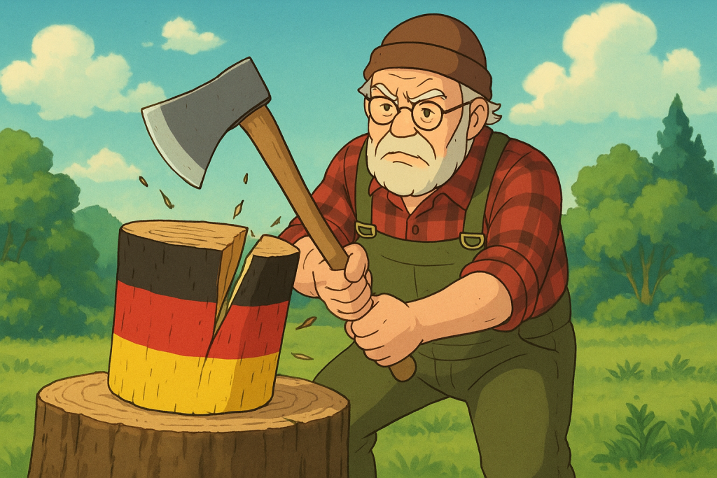 Ein alter Holzfäller hackt Holz, das mit den Farben der Deutschlandflagge bemalt ist.