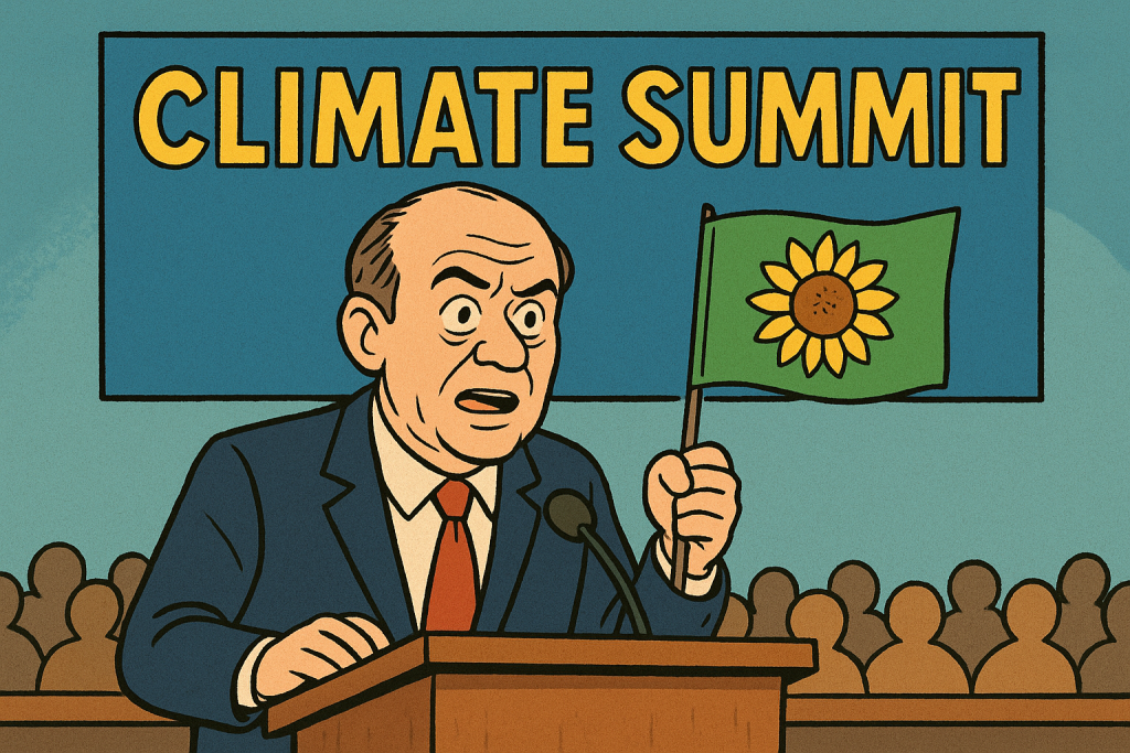 Ein Politiker hält die Fahne der Grünen auf vor dem Plenum des Klimagipfels hoch.