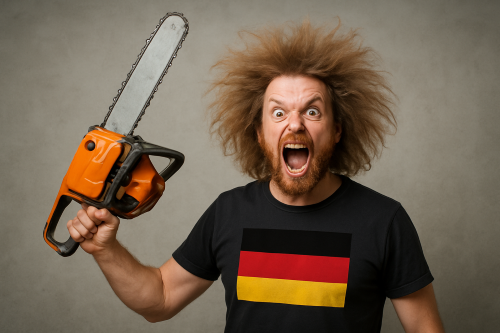 Mann mit Kettensäge und Löwenmähne