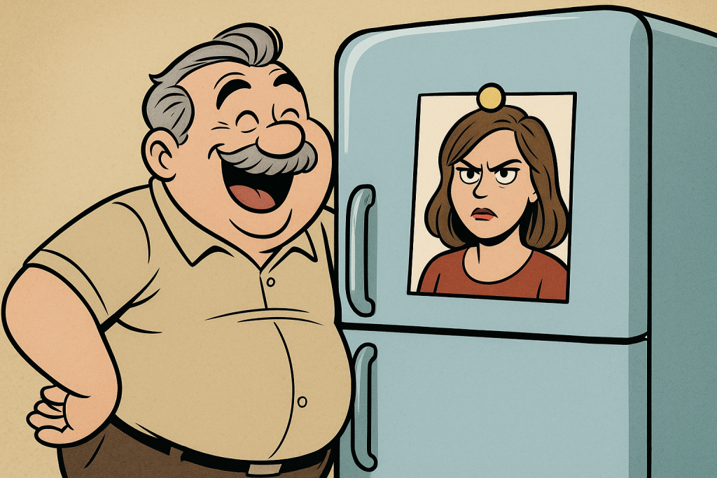 Grauhaariger Mann lehnt lachend an seinem Kühlschrank mit Bild von wütender Frau