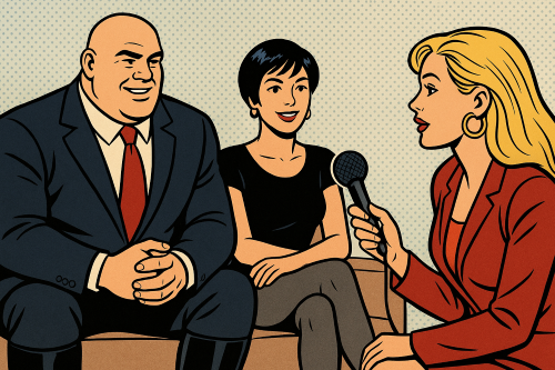 Ein Bild im Comicstil. Ein Mann und eine Frau reden mit einer Frau.