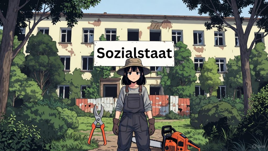 EIne Gärtnerin steht vor eine heruntergekommenen Gebäude, auf dem Sozialstaat steht. Neben ihr liegen Astschere und Kettensäge.